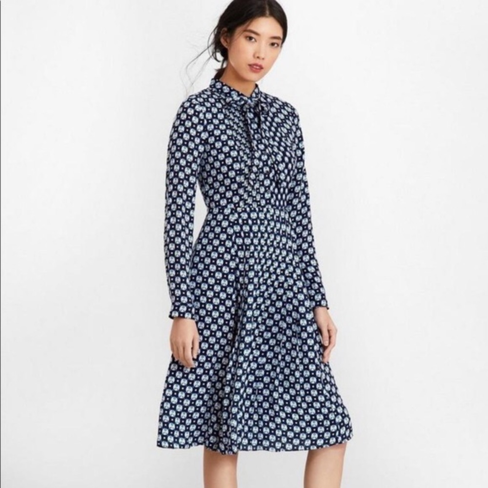 Brooks Brothers Flora Print Silk Chiffon Shirt Dress Midi Navy Blue Neck Tie Sz2